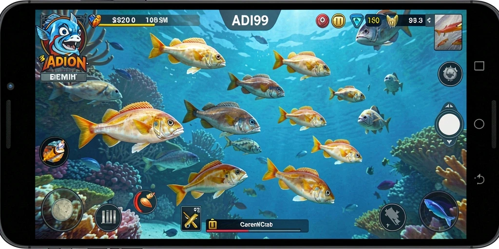 Screenshot utama ADI99 menampilkan tampilan seru gameplay Tembak Ikan.