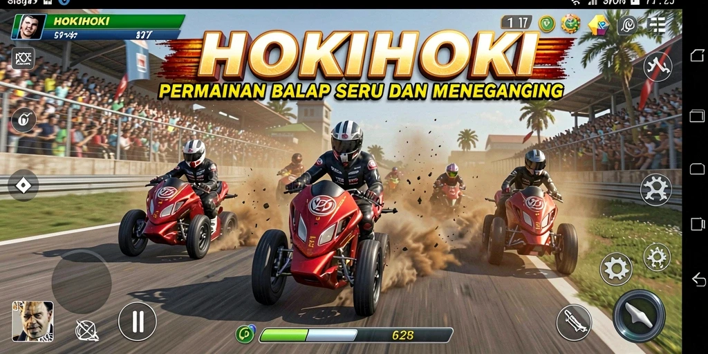 Tangkapan layar HOKIHOKI menampilkan aksi balap yang mendebarkan.