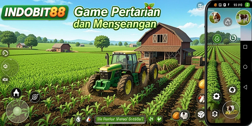 Screenshot gameplay INDOBIT88 menampilkan pemandangan kebun yang subur dan aktivitas bertani.