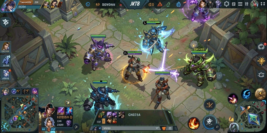 Screenshot utama JKT8 menampilkan serunya gameplay MOBA yang menegangkan.