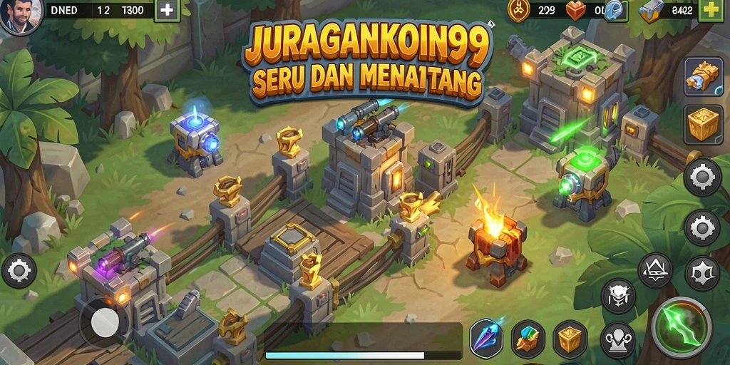 Screenshot gameplay JURAGANKOIN99 menampilkan pertempuran Tower Defense yang intens.